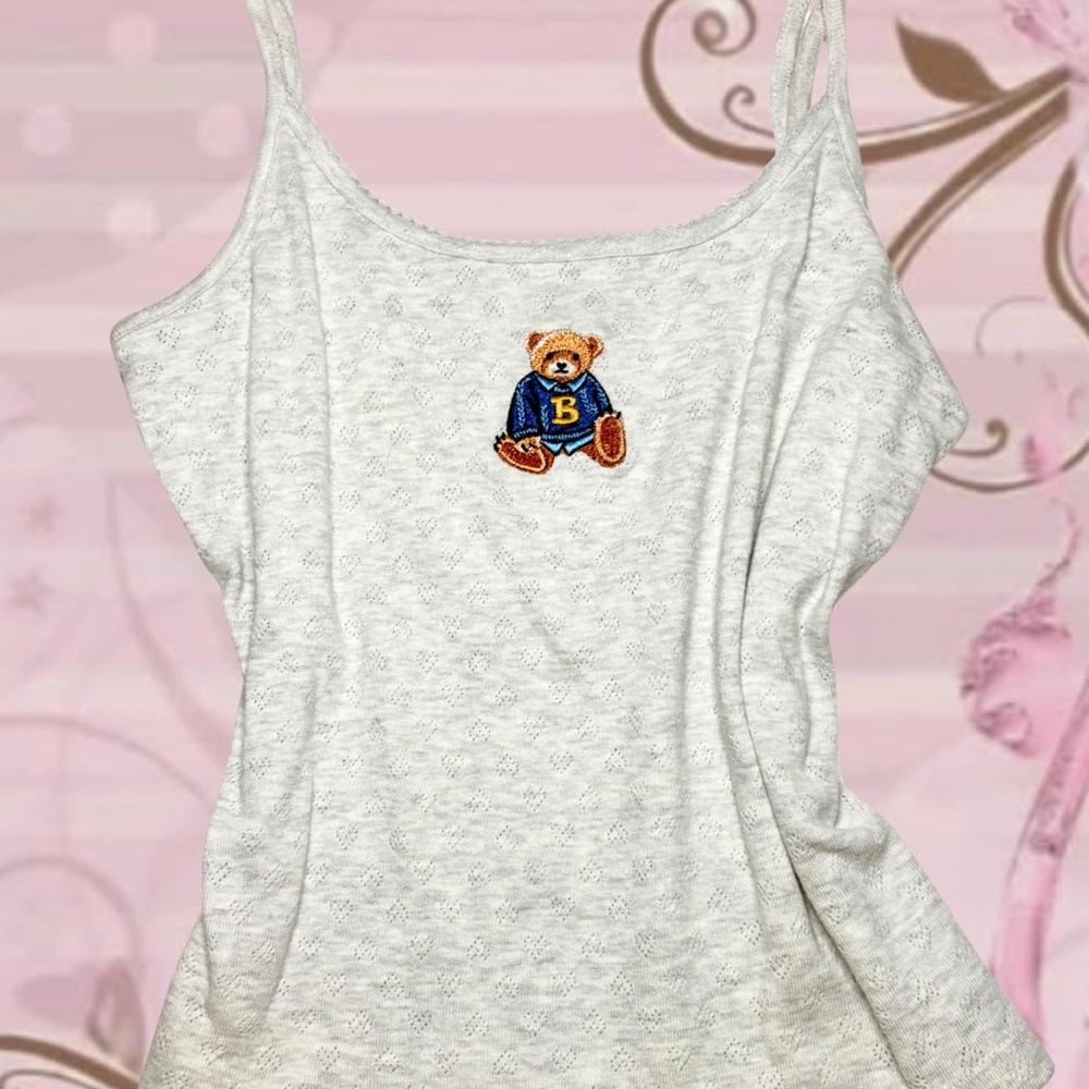 Gray Teddy Bear Embroidered Tank Top